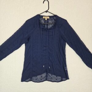 Democracy Women's Navy Blue Boho Peasant Blouse Sheer Embroidered High Low M